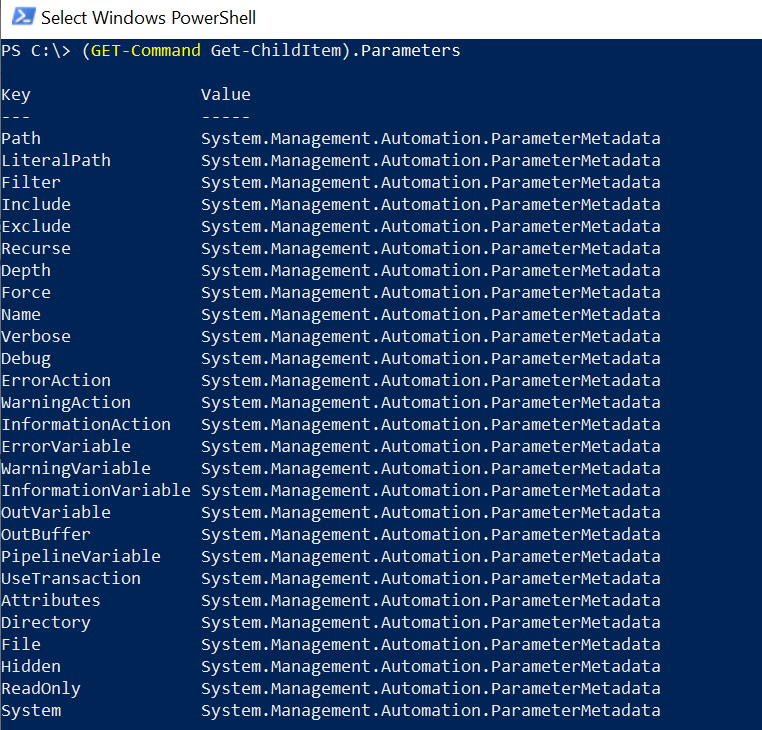 PowerShell Parameters List for Cmdlet