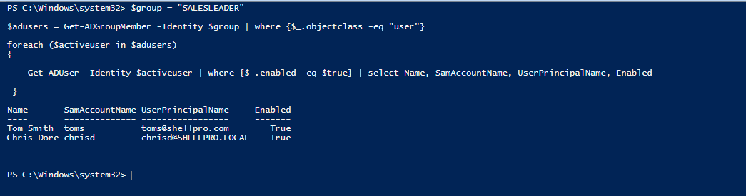 powershell script to list users in ad group