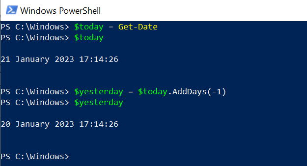 PowerShell Get-Date Minus 1 day