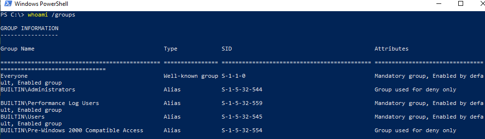 whoami  /groups to get active directory groups for user