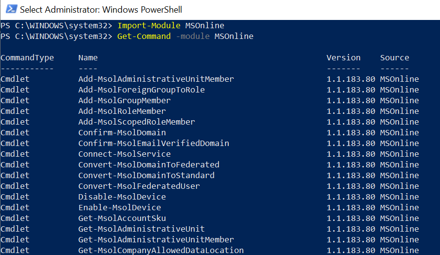 MSOnline module cmdlets