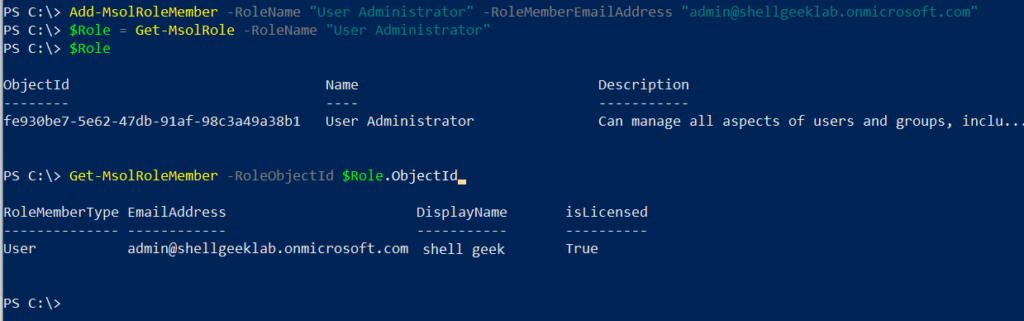 Add user to the role in Office 365