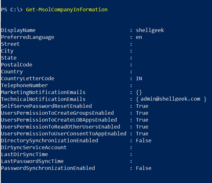 Get MsolCompanyInformation ShellGeek