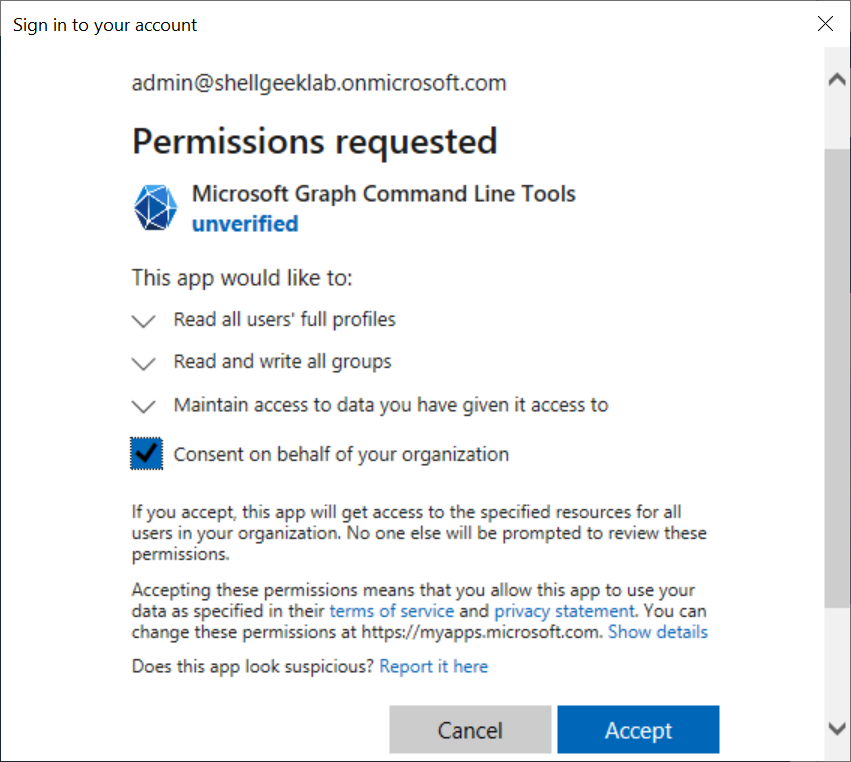 Connecting to Microsoft Graph - Permission requested